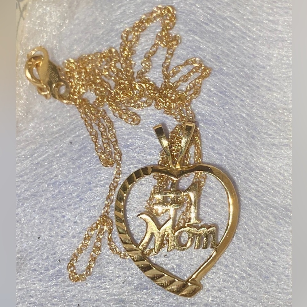 14K SOLID YELLOW GOLD #1 MOM HEART PENDANT & SOLID GOLD CHAIN SIGNED AURAFIN - Picture 8 of 16